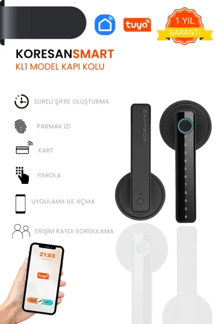 KL1 Parmak izi, Şifreli ve Tuya Uygulamalı Ofis ve Ahşap Kapılar için Akıllı Kapı Kilidi - Smart Koresan
