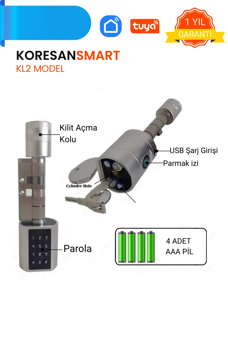 KL2 Model Tuya Akıllı Kapı Kilidi – Parmak izi, parola, pil ve USB şarj girişi detayları