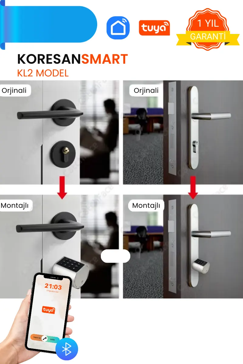KL2 Model Parmak İzi, Şifreli ve Tuya Uygulamalı Akıllı Kapı Kilidi montaj öncesi ve sonrası görünümü