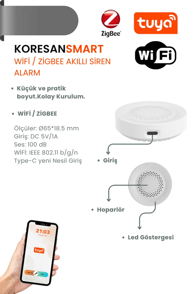 Tuya Akıllı Wifi Zigbee Siren Tuya Wifi/Zigbee Akıllı Siren Alarm - Görsel 1