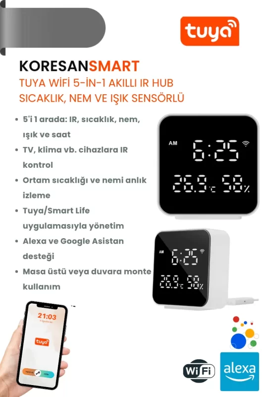 Tuya WiFi 5-in-1 Akıllı IR Hub – Sıcaklık, Nem ve Işık Sensörlü