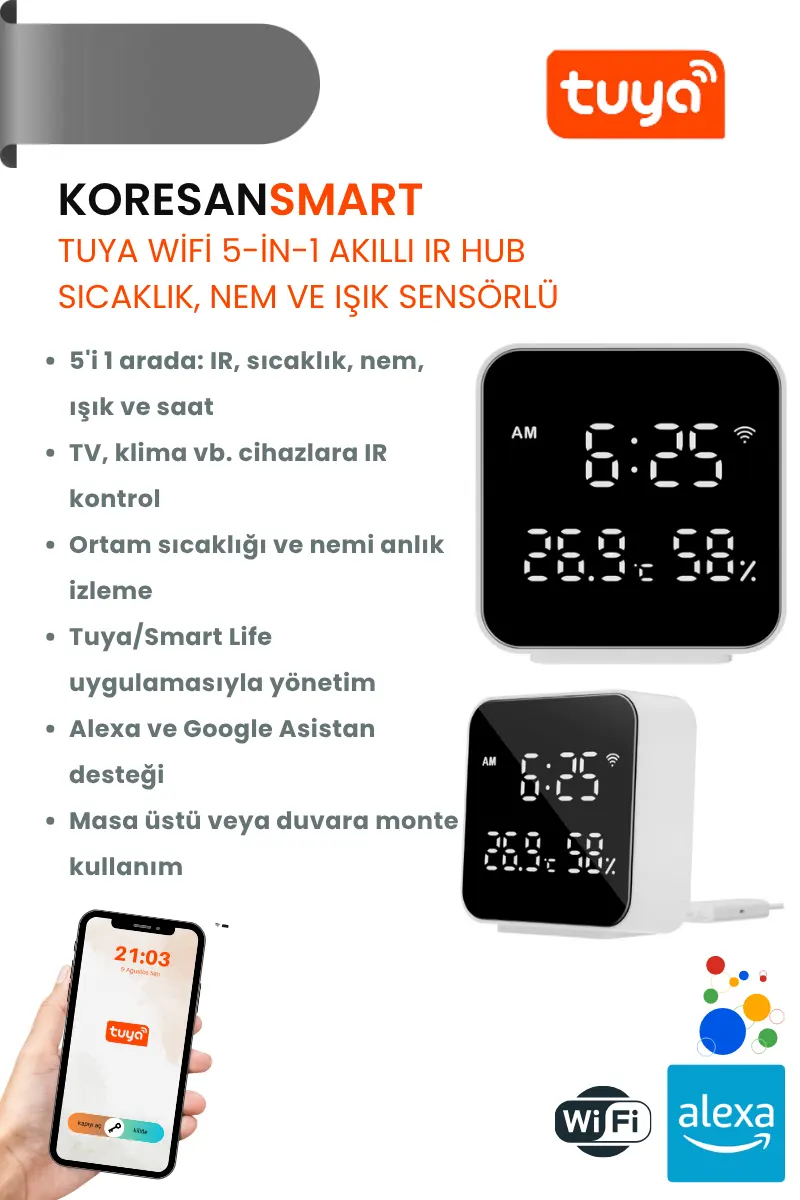 Tuya WiFi 5-in-1 Akıllı IR Hub – Sıcaklık, Nem ve Işık Sensörlü Tuya WiFi 5-in-1 Akıllı IR Hub – Sıcaklık, Nem ve Işık Sensörlü