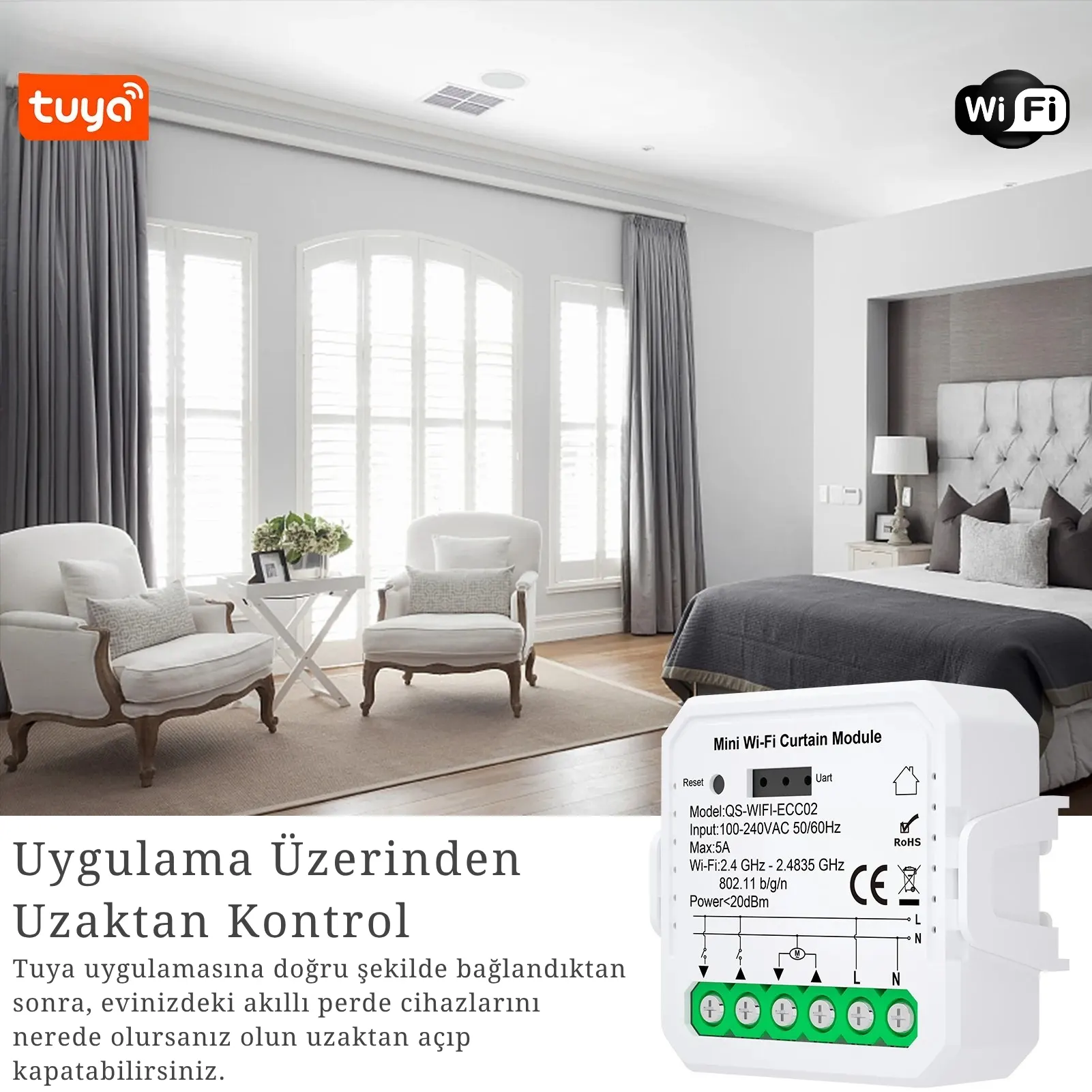 WiFi Tuya Perde Panjur Kepenk Modülü + RF Alıcılı