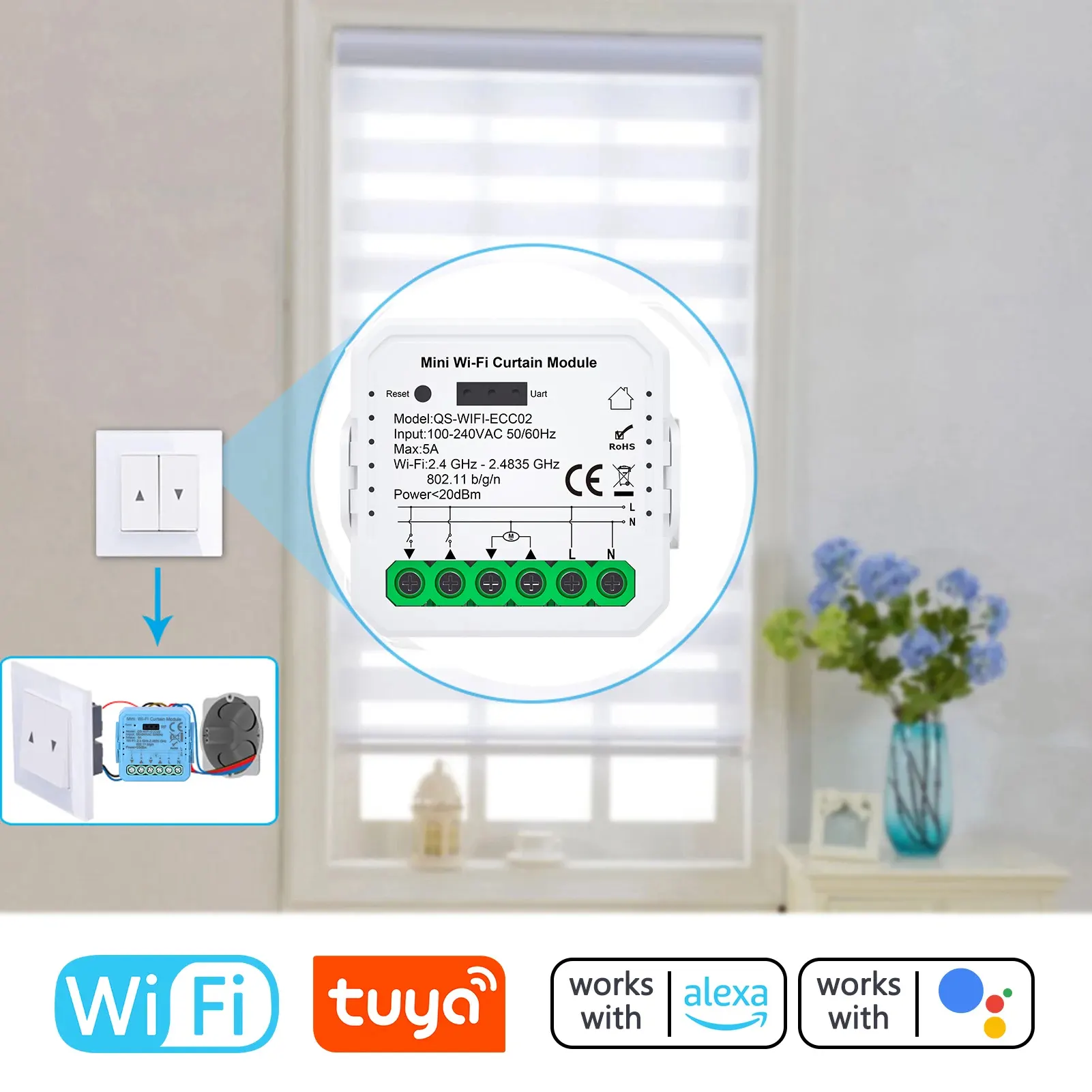 WiFi Tuya Perde Panjur Kepenk Modülü + RF Alıcılı