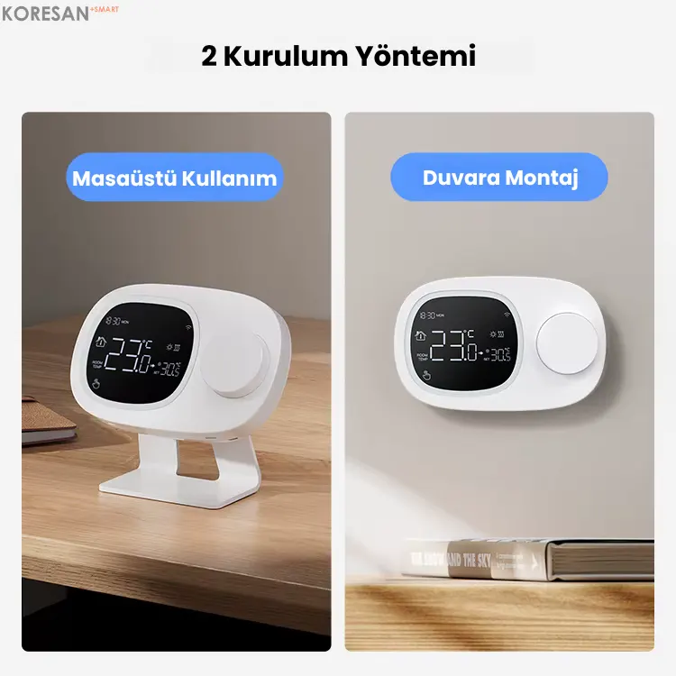 Tuya Wifi Kablosuz Kombi Termostatı masaüstü kullanım ve duvara montaj seçenekleri