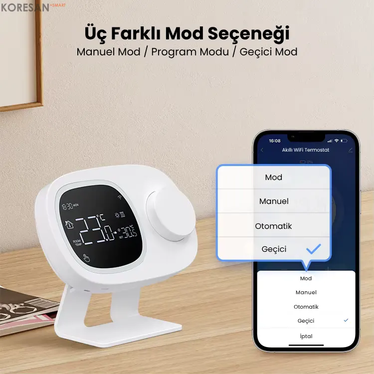 Tuya Wifi Kablosuz Kombi Termostatı üç farklı çalışma modu ekran görüntüsü