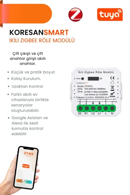 Mini İkili Zigbee Tuya Röle Anahtar Modülü + RF Alıcılı - Smart Koresan