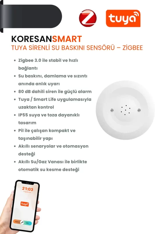 Tuya Sirenli Su Baskını Sensörü Zigbee ana tanıtım görseli