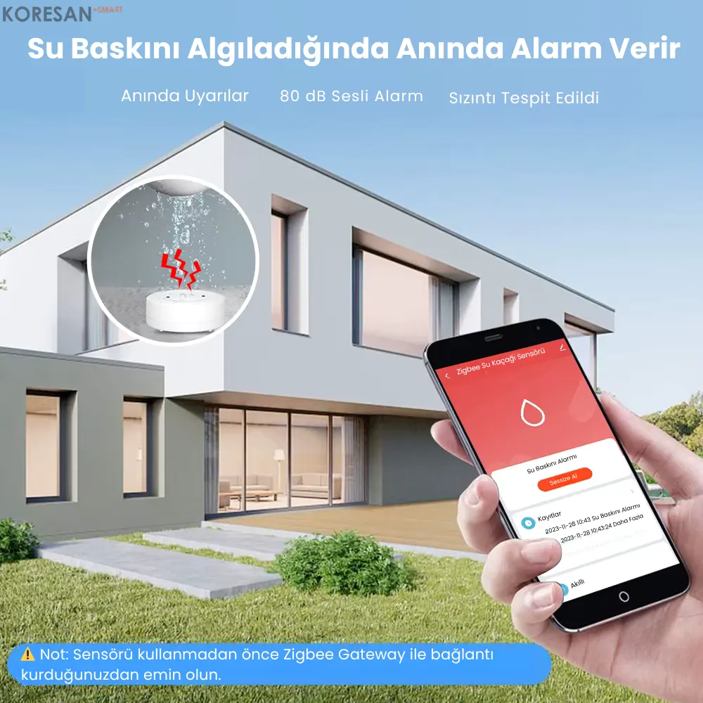 Tuya Sirenli Su Baskını Sensörü Zigbee anında alarm 80 dB su baskını uyarı sistemi