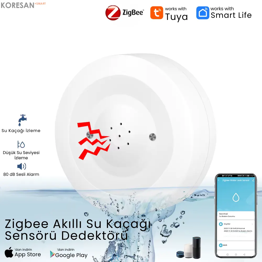 Tuya Sirenli Su Baskını Sensörü Zigbee su kaçağı alarmı akıllı su sızıntı dedektörü