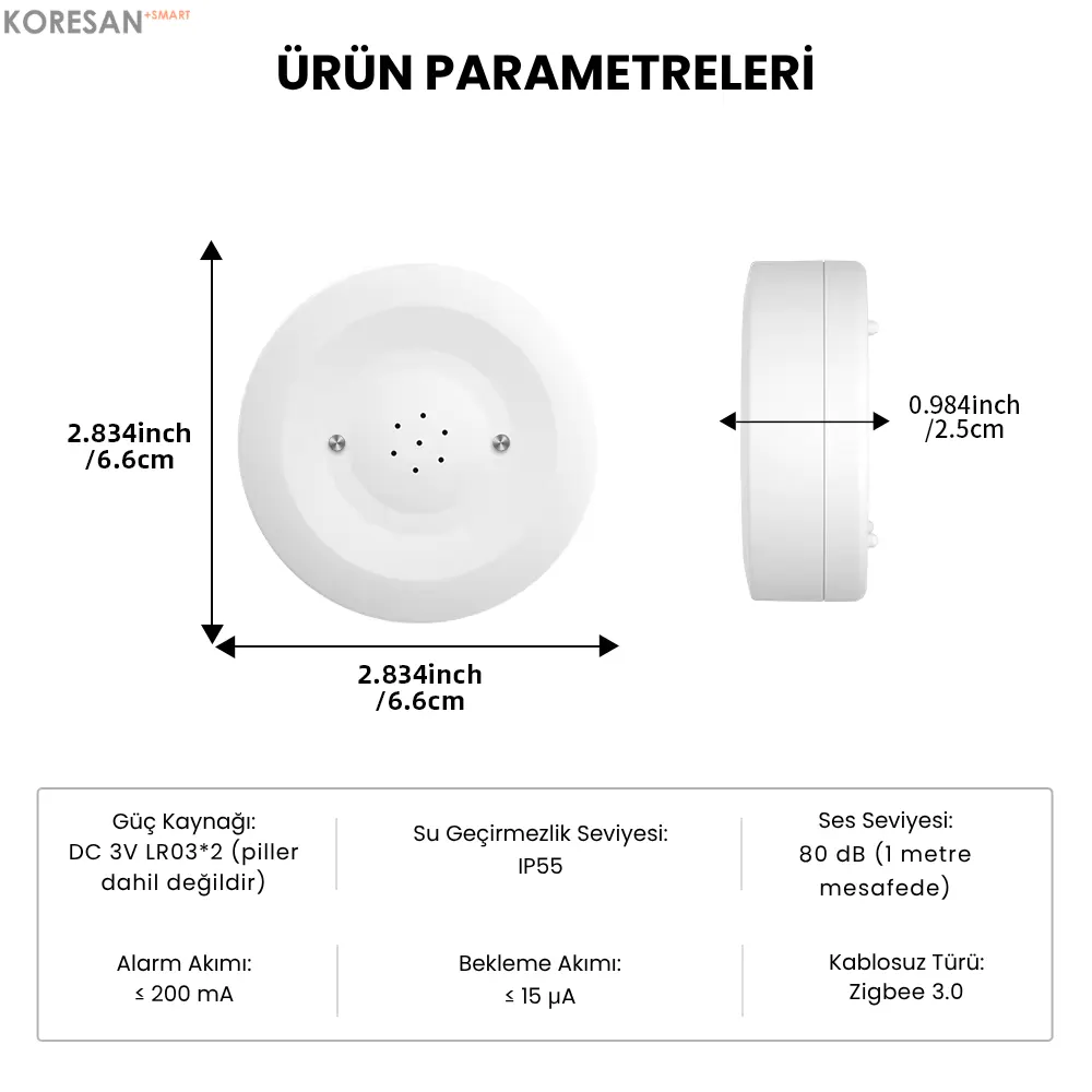 Tuya Sirenli Su Baskını Sensörü Zigbee ürün parametreleri teknik ölçüler IP55 80 dB