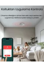 Tuya akıllı duman dedektörü, uygulama üzerinden koltuktan kontrol edilebiliyor. Kullanıcı, mobil cihazıyla alarmı yönetiyor.