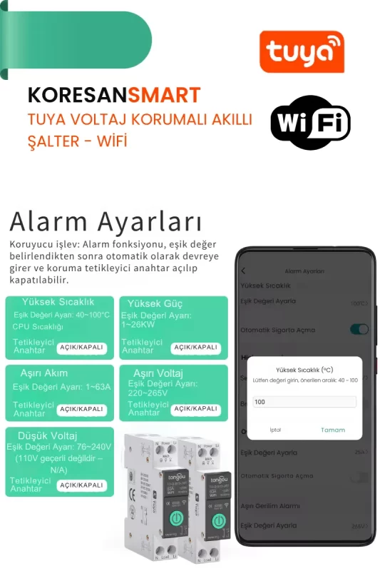 Tuya WiFi destekli akıllı şartel alarm ayarları: sıcaklık, voltaj, akım ve güç eşik değerleri