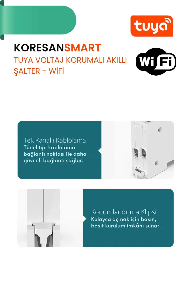 Tuya akıllı şalterin tek kanallı kablolama yapısı ve konumlandırma klipsi ile kolay kurulum özelliklerini gösteren detaylı ürün görseli