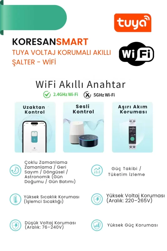 Tuya WiFi akıllı şalter ürün özellikleri: uzaktan kontrol, sesli komut, voltaj ve akım koruma