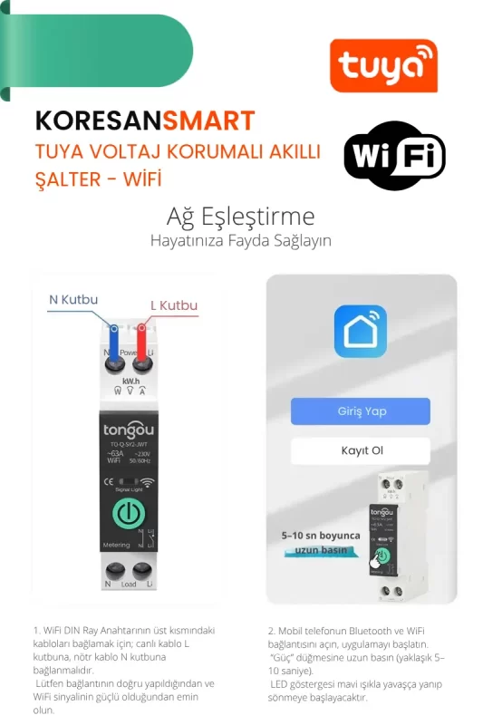 Tuya akıllı şalterin WiFi ağına bağlanma adımlarını gösteren bağlantı ve eşleştirme rehberi görseli