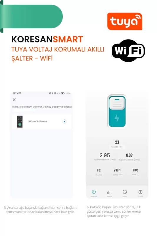 Tuya akıllı Şalterin başarılı ağ bağlantısı sonrası LED ışık durumu ve cihaz ekran görüntüsünü gösteren kurulum görseli