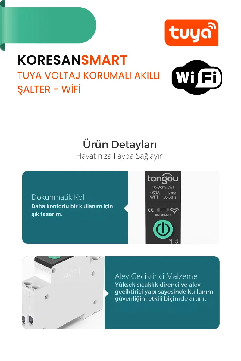 Tuya voltaj korumalı akıllı şalterin dokunmatik kol ve alev geciktirici malzeme özelliklerini gösteren tanıtım görseli