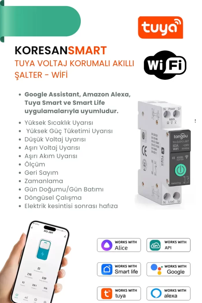Tuya WiFi voltaj korumalı akıllı şartel özellikleri ve mobil uygulama uyumluluk görseli