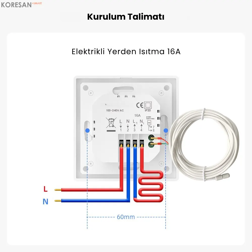 WiFi Knob Akıllı Termostat – elektrikli yerden ısıtma 16A bağlantı