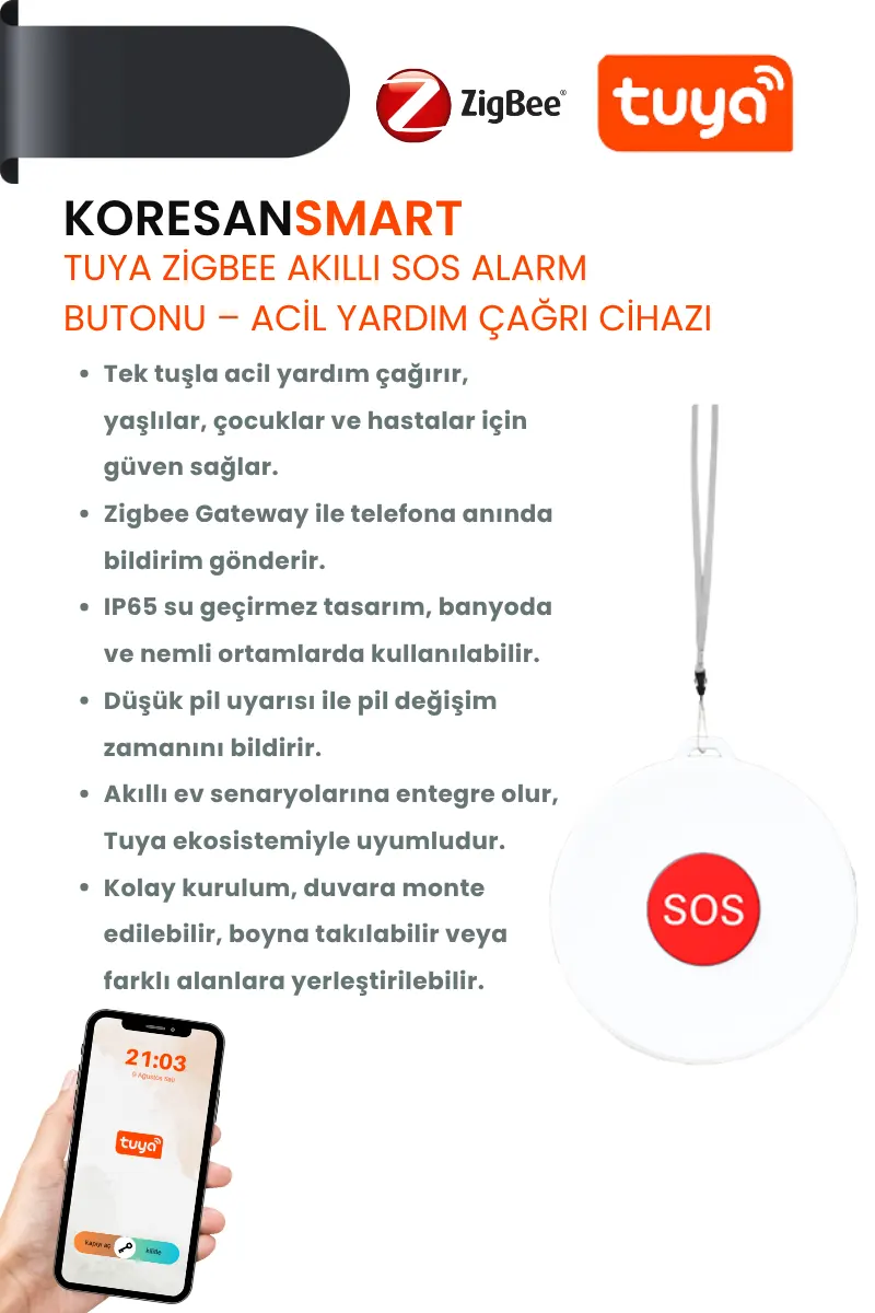 Tuya Zigbee Akıllı SOS Alarm Butonu – Acil Yardım Çağrı Cihazı Tuya Zigbee Akıllı SOS Alarm Butonu – Acil Yardım Çağrı Cihazı