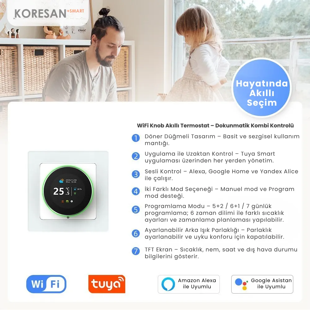 WiFi Knob Akıllı Termostat – TFT ekran ve özellik göstergeleri