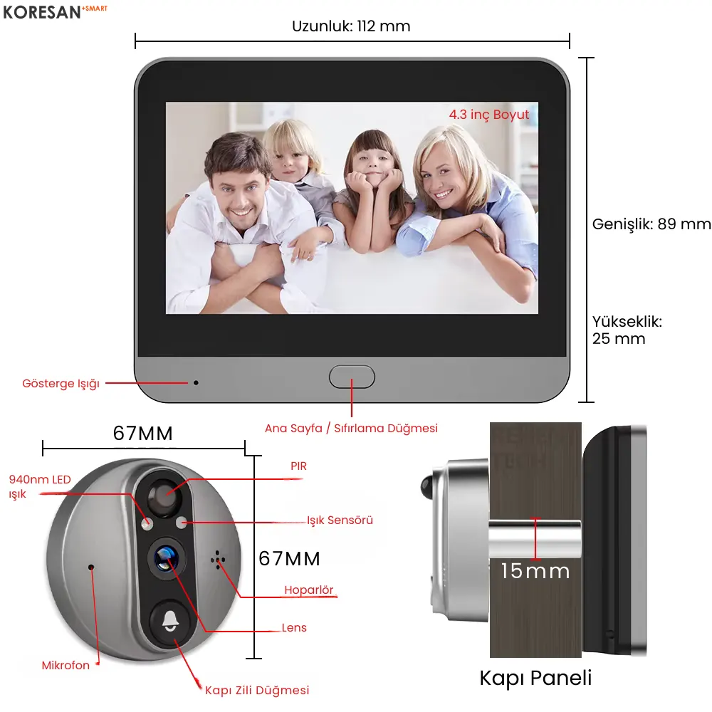 KDW4 Tuya Wifi Akıllı Kapı Dürbünü teknik ölçüler