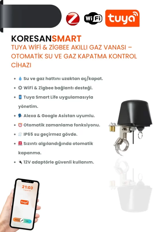 Tuya WiFi & Zigbee Akıllı Su ve Gaz Vanası – Otomatik Kontrol Cihazı