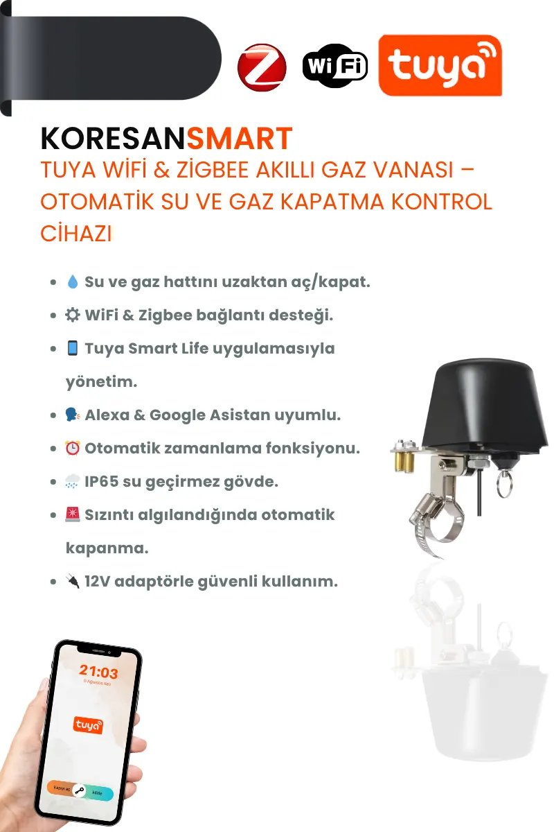 Tuya WiFi & Zigbee Akıllı Su ve Gaz Vanası – Otomatik Kontrol Cihazı Tuya WiFi & Zigbee Akıllı Su ve Gaz Vanası – Otomatik Kontrol Cihazı