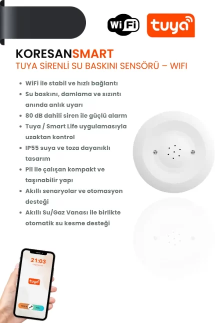Tuya Sirenli Su Baskını Sensörü WiFi