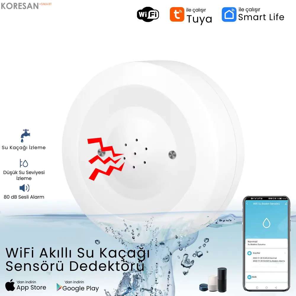 Tuya Sirenli Su Baskını Sensörü WiFi