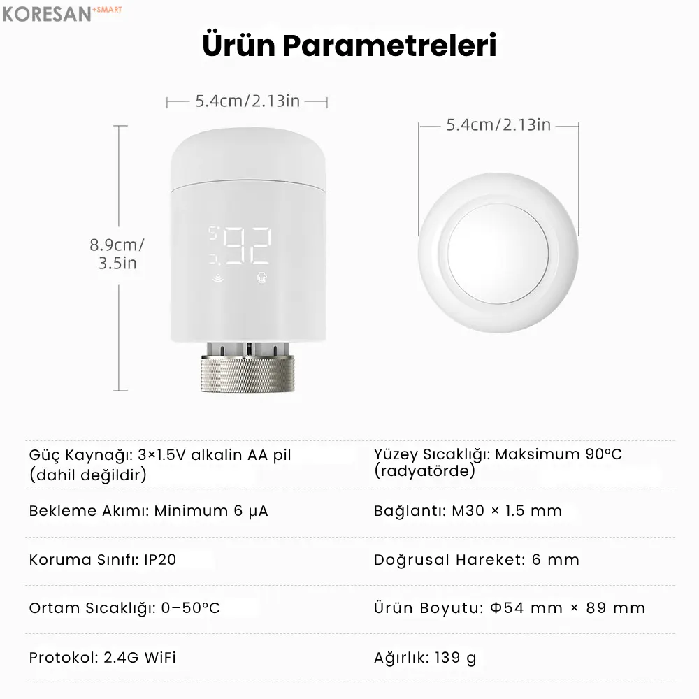 Tuya WiFi / Zigbee Akıllı Termostatik Radyatör Vanası ürün parametreleri teknik ölçüler