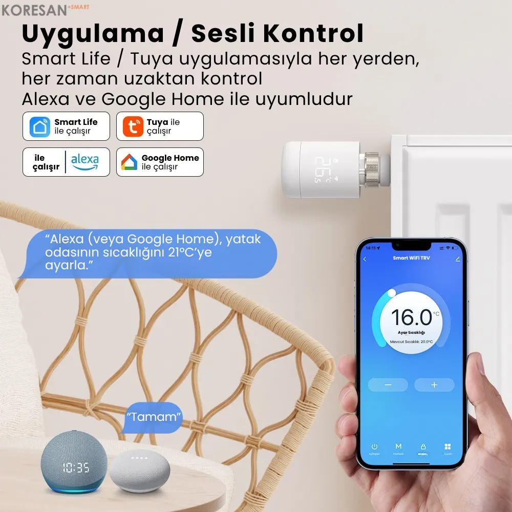 Tuya WiFi / Zigbee Akıllı Termostatik Radyatör Vanası uygulama ve sesli kontrol özellikleri