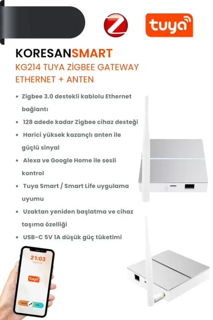 KG214 Tuya Zigbee Gateway Ethernet + Anten - Smart Koresan