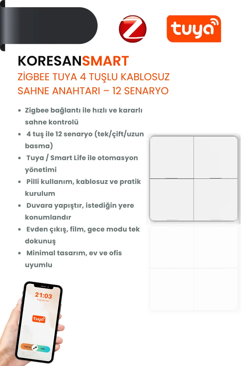 Zigbee Tuya 4 Tuşlu Kablosuz Sahne Anahtarı – 12 Senaryo - Smart Koresan Zigbee Tuya 4 Tuşlu Kablosuz Sahne Anahtarı – 12 Senaryo - Smart Koresan